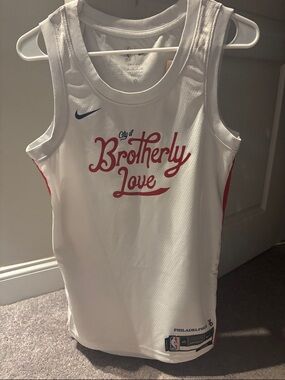 Nike White Basketball Jersey 76ers with Red Script and Blue Swoosh